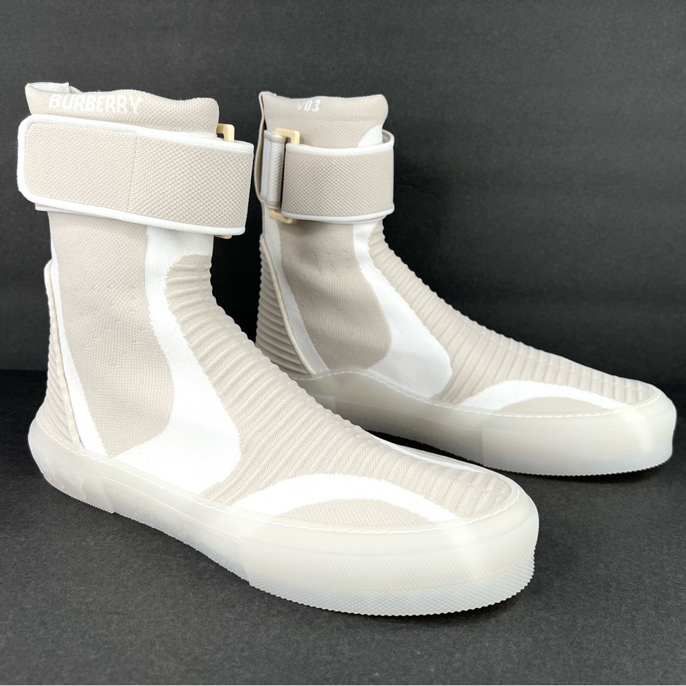 Burberry Cream and White High-Top Sock Sneakers with Ankle Strap